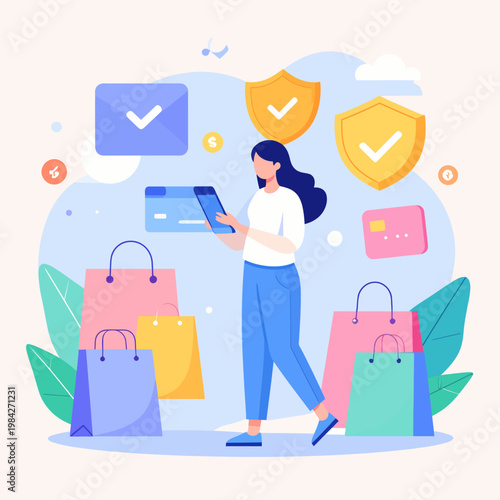 Secure E-commerce and Digital Payment Illustration. Woman with shopping bags, credit cards, and security symbols for safe online transactions
