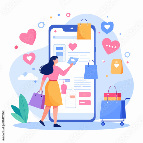 Online shopping concept with a woman browsing products on a smartphone, surrounded by shopping bags and hearts, symbolizing e-commerce and customer satisfaction
