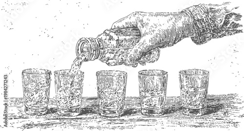 Hand pouring liquid into multiple shot glasses in a rustic bar setting