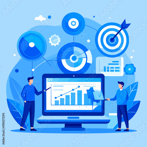 Illustrative concept of business analytics and digital marketing strategy, showcasing data visualization and performance monitoring for growth and success