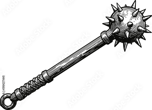 Medieval spiked mace weapon with wooden handle and metal spikes detailed engraving drawing