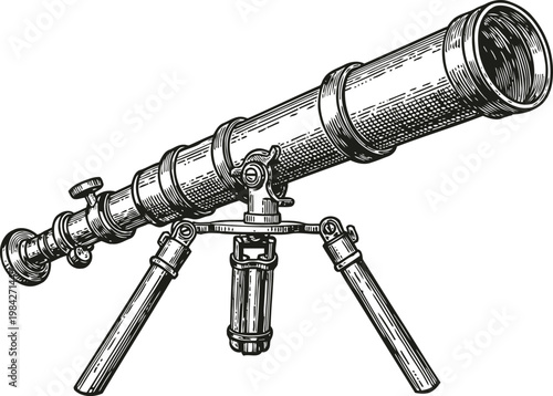 Vintage telescope on tripod, old astronomical instrument for stargazing and space observation