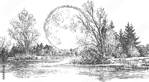 Vintage black and white landscape with full moon rising over forest and riverbank sketch