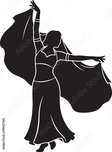 Graceful silhouette of a dancer in flowing traditional attire performing an elegant pose silhouette vector icon