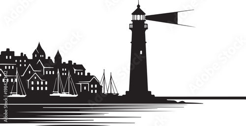 Black silhouette lighthouse, coastal town, sailboats, vector illustration, nautical scene