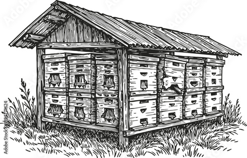 Traditional wooden beehive house with multiple compartments for beekeeping and honey production