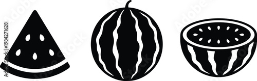 Watermelon fruit icons set with whole half and wedge slice silhouette.