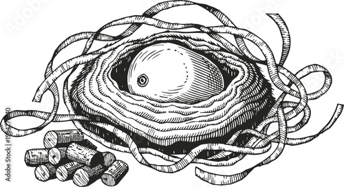 Nest with egg and wood pellets hand drawn bird nest illustration with natural materials and single egg detailed sketch