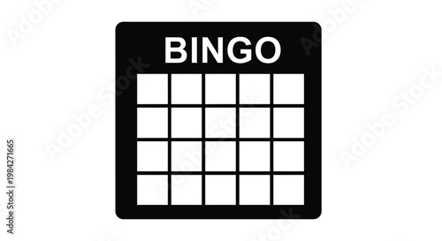 A stark black card displays the word bingo in bold uppercase letters above a grid of empty squares presented as a silhouette high quality