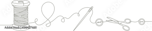 Sewing Tools Line Art Vector – Thread Spool Needle and Scissors Minimalist Continuous Line Illustration