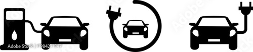 Evolution of energy icons showing fuel pump car versus electric vehicle charging station symbols