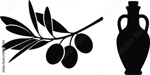 Olive branch with fruit and ceramic oil jar icon on checkered back g.