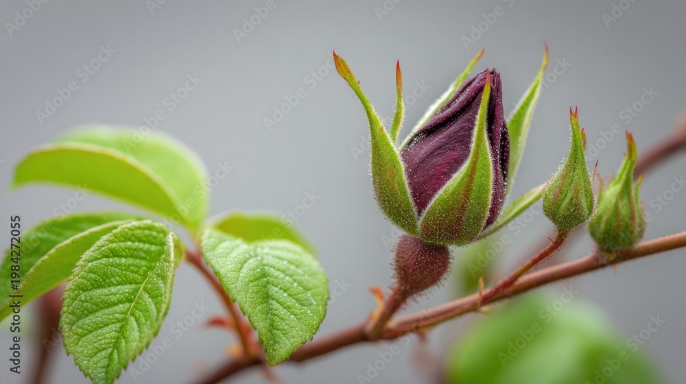 Obraz premium Deep purple rosebud shows signs of imminent bloom alongside fresh green foliage