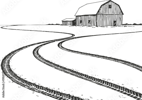 Curved tire tracks in snowy field leading to wooden barn with shed in rural winter landscape