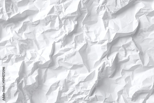 A close-up view showcases a crumpled sheet of white paper, its surface a chaotic landscape of folds and wrinkles, creating an intriguing abstract texture.