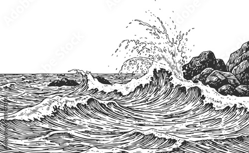 Black and white illustration of ocean waves crashing against rocky shore, turbulent water and splash