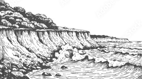 Rocky cliff coastline with waves crashing, rugged shore, ocean landscape, natural seascape view