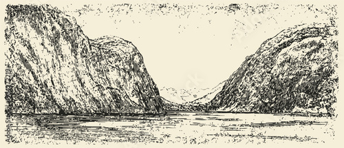 Vintage hand drawn mountain landscape with river valley and rocky cliffs sketch