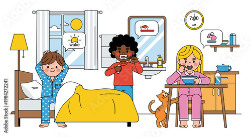 Three children in pajamas wake up and start their morning routine, brushing teeth and eating breakfast.