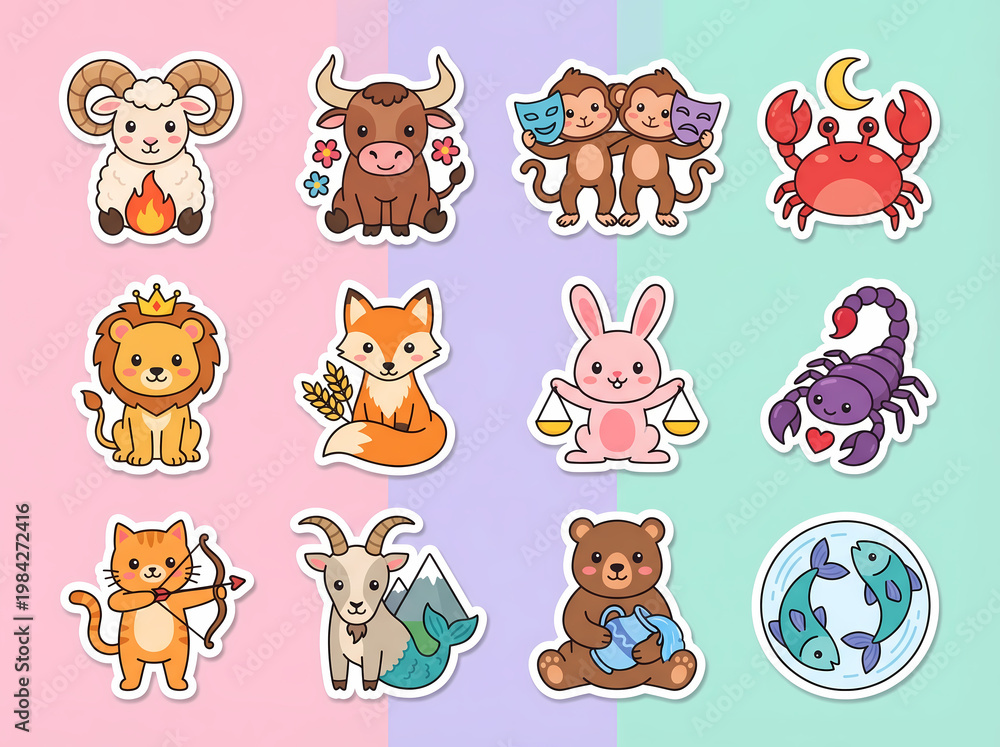 Fototapeta premium Cute zodiac characters illustration pack featuring Aries, Taurus, Gemini, Cancer, Leo, Virgo, Libra, Scorpio, Sagittarius, Capricorn, Aquarius, and Pisces in playful cartoon animal style with colorful