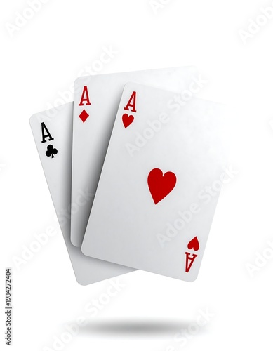Three aces of playing cards, diamonds, hearts, and clubs, isolated on white, floating with a slight shadow