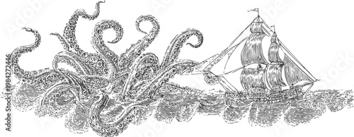 giant octopus attacking sailing ship in ocean waves vintage sea monster confrontation sketch