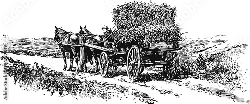 Horse drawn wagon carrying hay bales on rural road, vintage countryside farming transport illustration