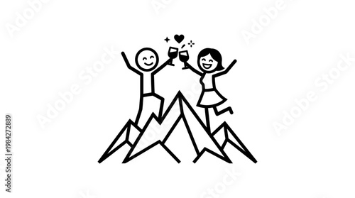 Triumphant Couple Toasts on Mountain Peak