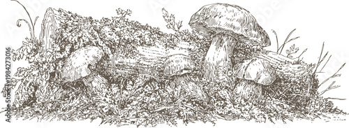 hand drawn wild mushrooms growing on forest floor with moss and fallen tree branch