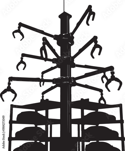 Black silhouette, industrial claw, mechanical grip, robotic arm, metal structure