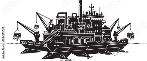 Industrial cargo ship, black and white vector, cargo vessel, industrial boat