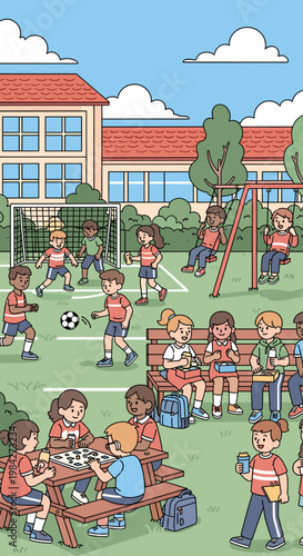 Children playing soccer, sitting on benches, and enjoying activities on a sunny day at a school playground with a building in the background.