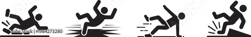 Set of falling man warning signs. caution wet floor symbol. slipping person black silhouette danger icon.
