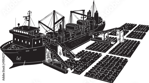 Industrial cargo ship, container ship, dock, solar panels, black and white vector illustration