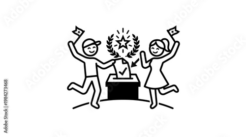 People Voting in Election with Flags and Victory Sign