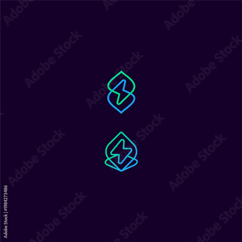 Professional minimalist monoline logo combining leaf and lightning bolt symbols, perfect for renewable energy companies, eco-friendly technology startups, and sustainable power brands seeking a modern