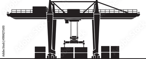 Industrial crane, cargo container handler, black silhouette, vector graphic, industrial equipment