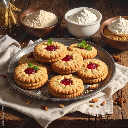 A plate of homemade cookies with jam and herbs on a wooden table