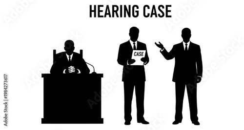 Lawyers presenting case during courtroom hearing with judge silhouette