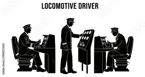 Locomotive drivers in uniform operating train control panels in a modern cab