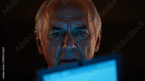 Elderly man focused on using digital tablet in dim lighting