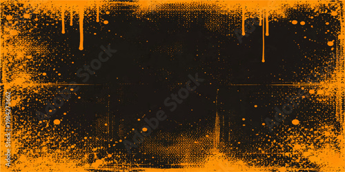 Abstract an energetic splash of orange spray paint forms a captivating grunge border against a rich black backdrop, creating a stark contrast in this photorealistic urban art style.