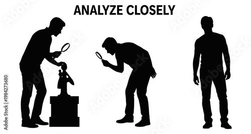 Man observing sculpture with magnifying glass during analysis and inspection