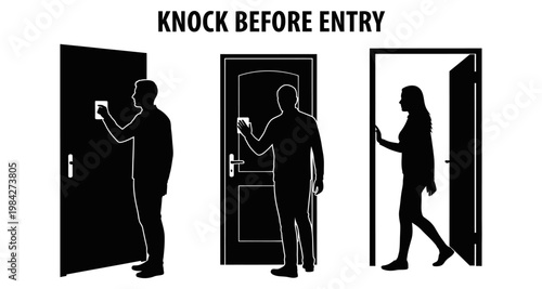 People silhouetted knocking on doors for entry during daytime illustration