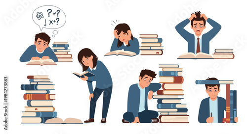 Set of 7 Student Studying Stress and Overwork Vector Illustrations