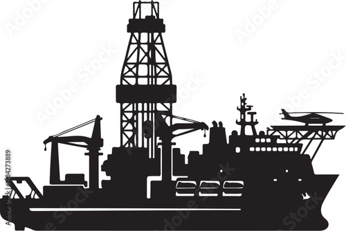 Drilling ship, oil rig vessel, black silhouette, industrial boat, offshore platform
