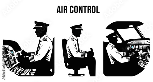 Pilot silhouettes in aircraft cockpit control panels during flight operations