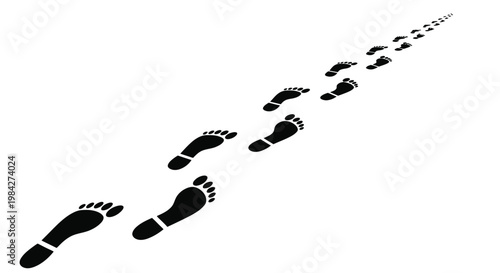 A series of black footprints diminish in size as they extend towards the horizon illustrating a path or journey silhouette high quality professional detailed
