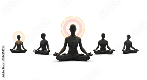 Five dark grey silhouette figures meditating in lotus pose with glowing aura on white background