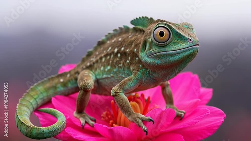 Chameleon on vibrant pink flower: study in camouflage vivid colors
